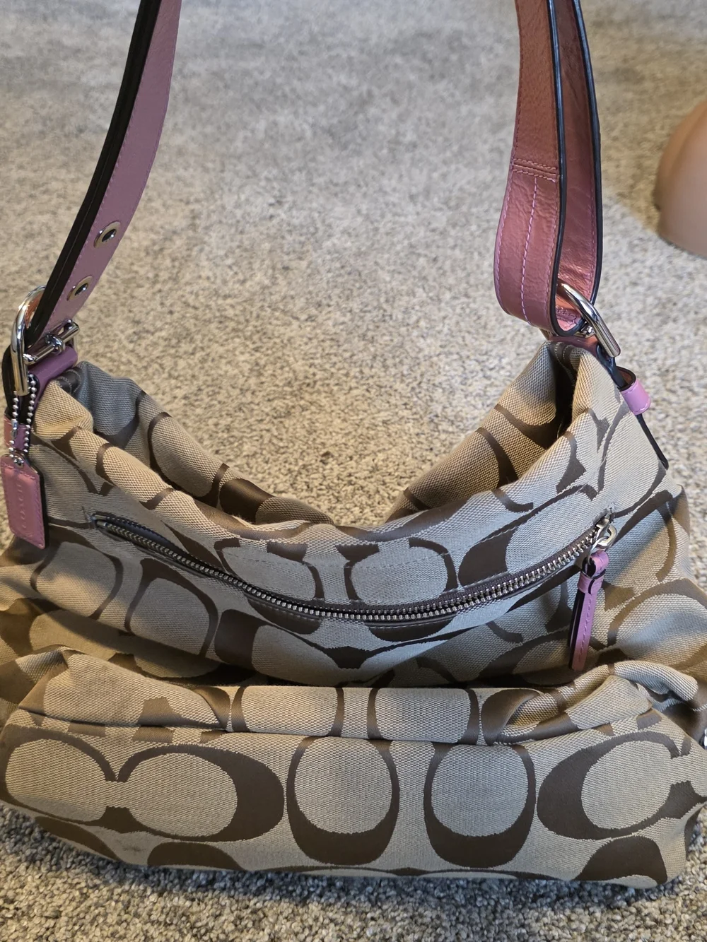 Coach Signature Canvas Hobo Bag in Khaki with Pink Trim - Picture 5 of 5